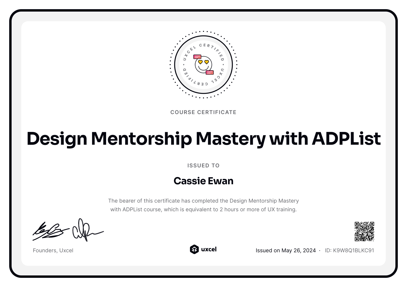 Cassie Ewan's certificate